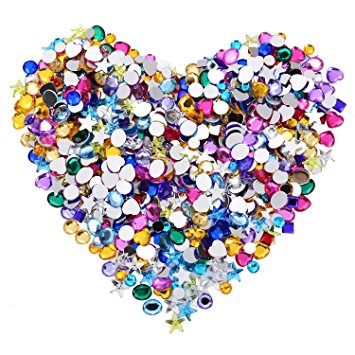 Blulu 600 Pieces Gems Acrylic Craft Jewels Flatback Rhinestones Gemstone Embellishments Heart Star Square Oval and Round, 6 to 10 mm, Assorted Color