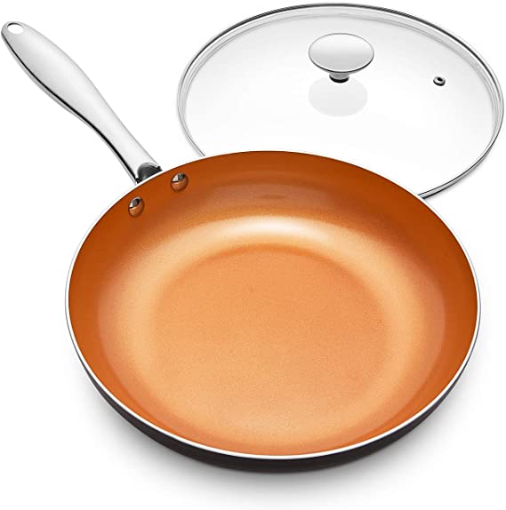 MICHELANGELO 11 Inch Frying Pan with Lid, Copper Frying Pan with Ultra Nonstick Titanium Coating, Nonstick Copper Skillet 11 Inch, Copper Pans, Ceramic Frying Pans, Induction Compatible - 11Inch