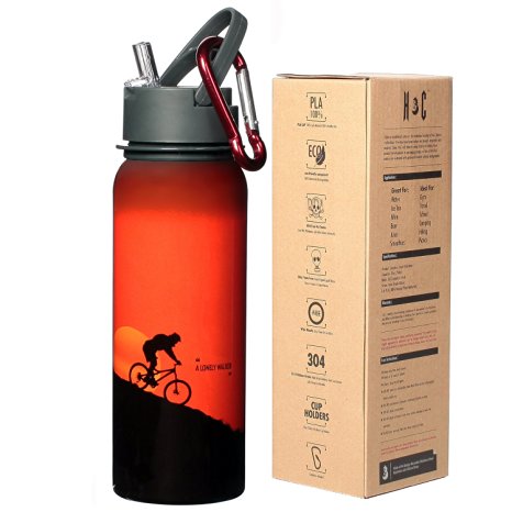 H&C Single Wall Design,Stainless Steel Sports Water Bottle 25OZ With Straw,100% Natural Corn Lid-Wide Mouth