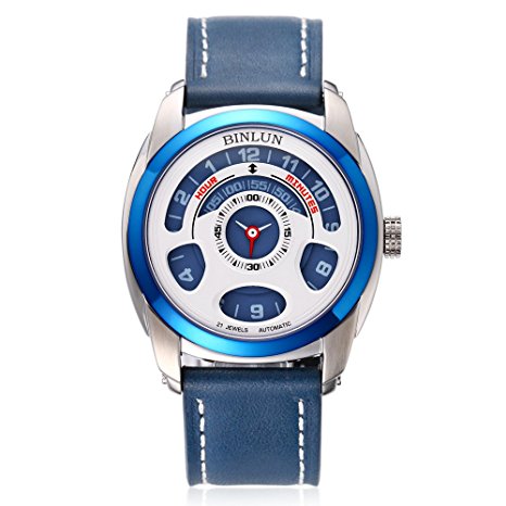 Binlun Men's Blue Japanese 21-Jewel Automatic Mechanic Unique Futuristic Design Leather Strap Watch