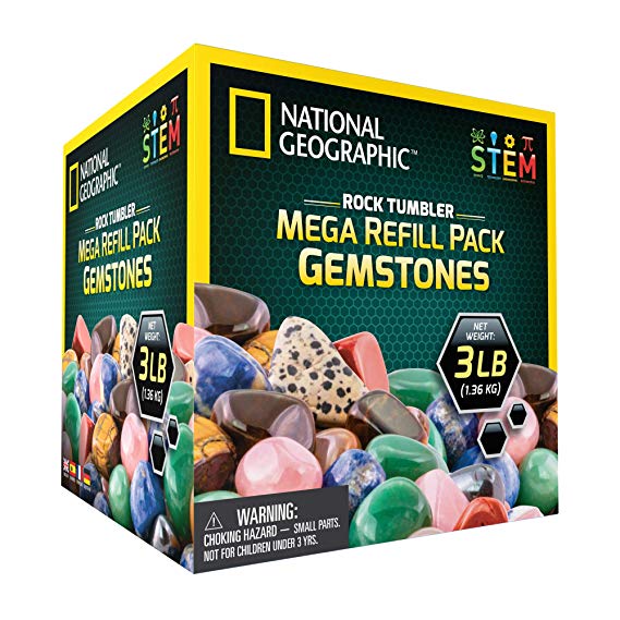National Geographic Rock Tumbler MEGA Refill Kit - 3lbs Gemstones of 9 Varieties Including Tiger's Eye, Amethyst and Quartz - 4 Grades of Grit, Jewelry Fastenings and Detailed Learning Guide