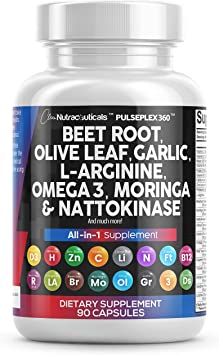 Beet Root Capsules 6000mg Olive Leaf 6000mg Nattokinase 4000 FU Garlic Extract 2000mg L-Arginine 400mg Omega 3 Red Yeast Rice Hibiscus Danshen - Healthy Blood Pressure Support Supplement - USA Made