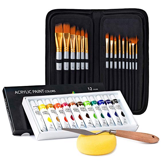 Acrylic Paint Brush Set with 15 Premium Artist Brushes and Bonus 24 Color Acrylic Paint
