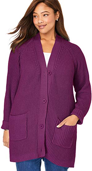 Woman Within Women's Plus Size Long-Sleeve Shaker Cardigan Sweater