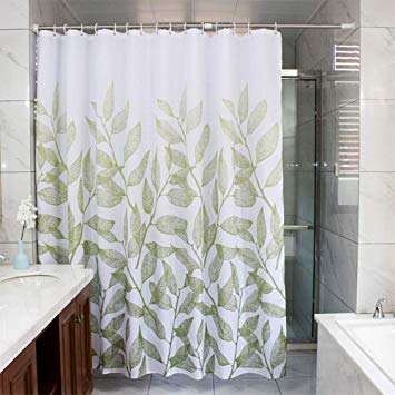 WARRAH Shower Curtains, Fabric Washable Shower Curtains White Green Leaf Mould Proof and Mildew Resistant Waterproof Bath Curtain for Shower Anti-Bacterial Thicken Modern Curtains for Bath with 12 Hooks 180 x 200CM