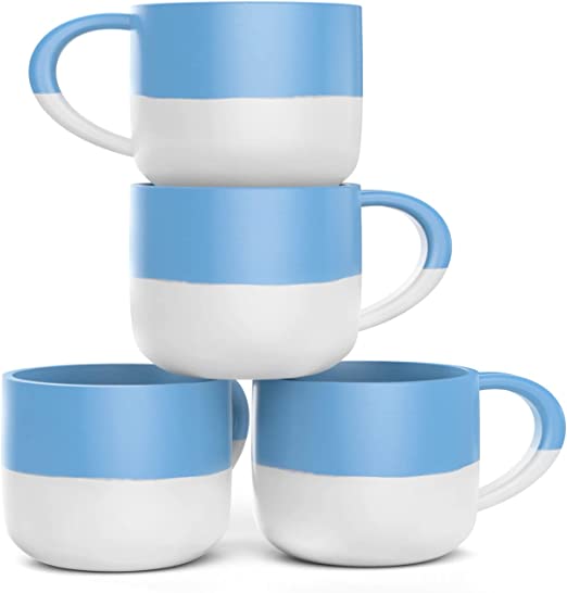 Set of 4 Jumbo 18oz Wide-mouth Soup & Cereal Ceramic Coffee Mugs (Blue and White)