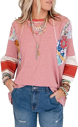 EVALESS Women's Crewneck Batwing 3/4 Sleeve Patchwork Shirts Summer Lightweight Stripe Knit Oversized Blouses Tops