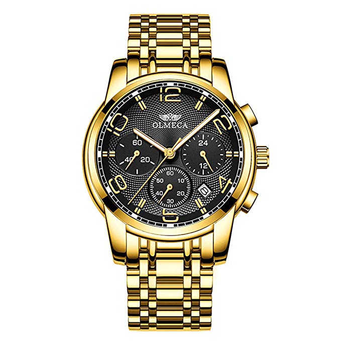 Men's Watches Luxury Fashion Casual Dress Chronograph Waterproof Military Quartz Wristwatches for Men Stainless Steel Band Gold Black