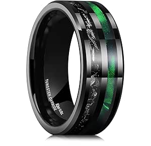 King Will 8mm Green/Blck/Red/Purple Shell/Meteorite Inlaid Black Tungsten Carbide Rings Wedding Band Brushed/Polished Men’s Engagement Ring Comfort Fit for Men Women