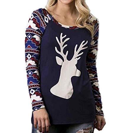 Women Blouse, ღ Ninasill ღ Christmas Elk Long Sleeve Geometric Printed Splicing T-Shirt (XL, Navy)