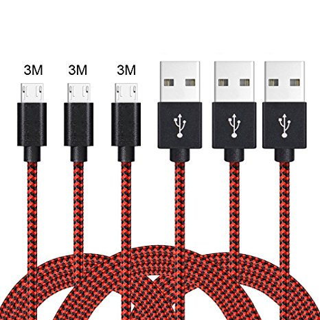 ONSON Micro USB Cable,3Pack 3m/10ft Extra Long Nylon Braided High Speed USB to Micro USB Fast Charging Cables Android Charger Lead for Samsung Galaxy S7 Edge/S6/S5/S4,Note 5/4/3,HTC,LG(Black Red)