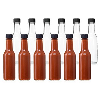 24 Pack - 5 Oz Empty Clear Glass Hot Sauce Bottles with Black Caps and Drip Dispensing Tops, By California Home Goods
