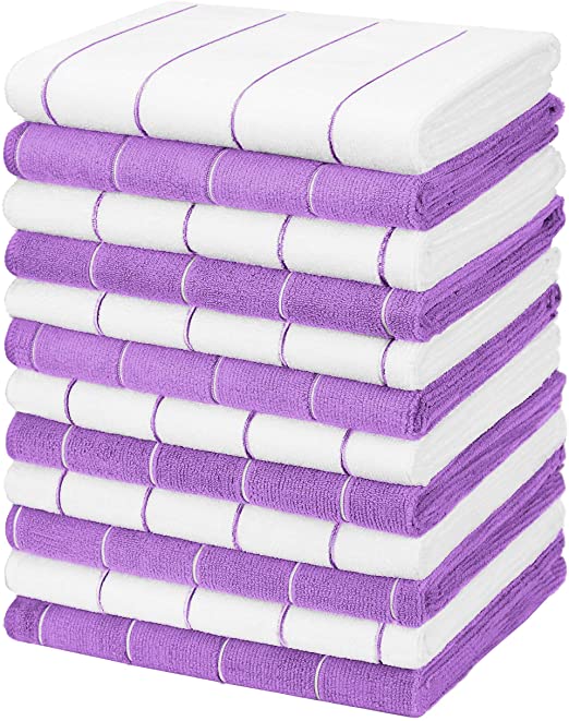 Gryeer 12 Pack Microfiber Kitchen Towels, Super Absorbent, Soft, and Lint Free Dish Towels, 18 x 26 Inch, Stripe Designed Purple and White