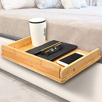 HUANUO Bedside Shelf - Bamboo Bedside Phone Stand with Cable Management & Cup Holder, Versatile Use as Snack Bedside Table, Tablet Holder, Easy Assemble Organizer for USB Cable, Earphone and Tissue