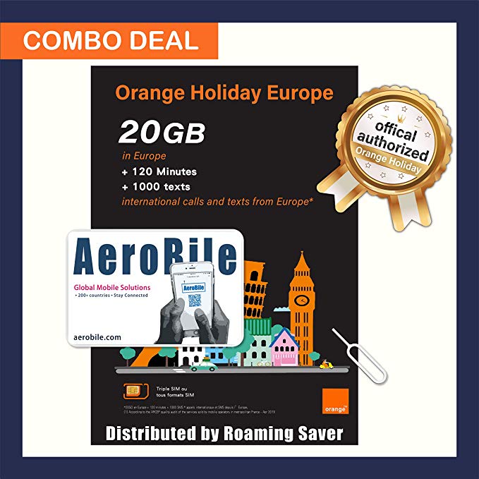 Orange Holiday Europe Prepaid SIM Card COMBO DEAL Official Authorized 20GB Internet Data in 4G/LTE (Data tethering Allowed)   120min international Calls   1000 Texts from Europe to Any Country Worldwide   1 Sim Card Holder   1 Pin