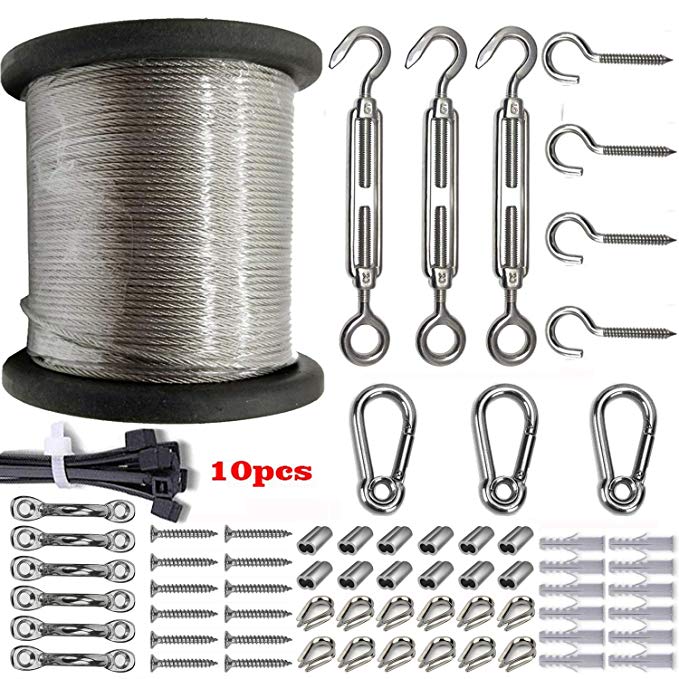 NITOO Outdoor Light Guide Wire, Stainless Steel Globe lights Kit,String Light Suspension Kit,Include 164 FT Wire Rope Cable,Turnbuckle and hooks，1/16 Wire Rope ，Coated Outer diameter is 3/32