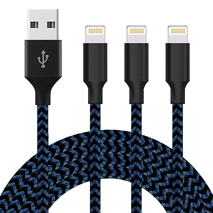 BULESK Phone Cable 3Packs10FT to USB Syncing Data Nylon Braided Phone Charger Cable Compatible Phone X/8/8Plus/7/7Plus/6/6Plus/6s/6sPlus/5/5s/5c/SE (Black Blue)