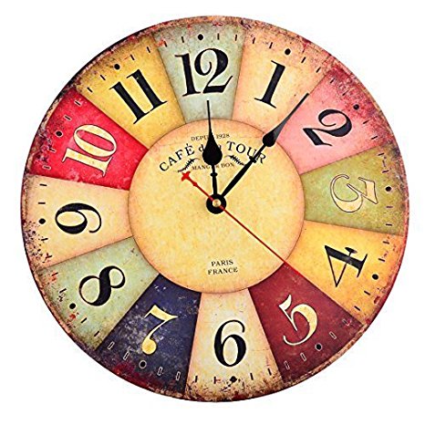 Wall Clock, Finer Shop 12 Inch Vintage Colorful France Paris French Country Tuscan Style Arabic Numerals Design Silent Wooden Wall Clock Home Decor
