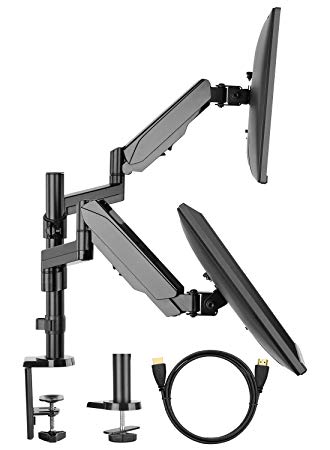 【Gas Spring】Dual Arm Monitor Stand, HUANUO Full Motion Adjustable Monitor Mount Riser with C Clamp/Grommet Base for Two 17 to 32 inch LCD Computer Screens, Each Arm Holds up to 8kg, Bonus HDMI Cable