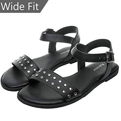 Women's Wide Width Flat Sandals - Open Toe One Band Ankle Strap Flexible Buckle Gladiator Casual Summer Shoes