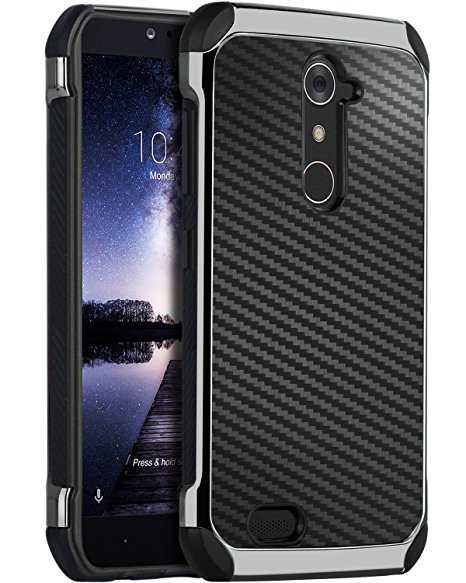 ZTE ZMax Pro Case, ZTE Carry Z981 Case, BENTOBEN Shockproof 2 in 1 Cool Slim Hybrid Hard PC Cover Laminated with Carbon Fiber Chrome Protective Case for ZTE ZMax Pro Cases Z981, Black