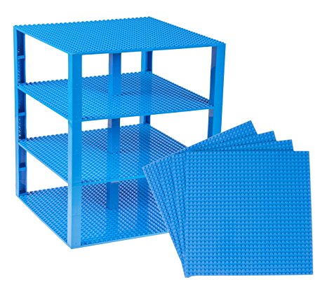 10" x 10" Blue Stackable Construction Base Plates - 4 Pack Bundle with 30 New and Improved 2 X 2 Stackers