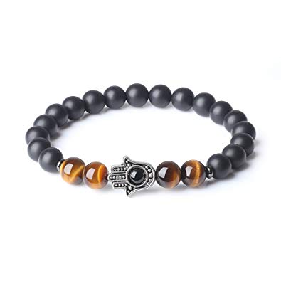 AmorWing Onyx Tiger Eye Stone Hamsa Hand Prayer Bracelet