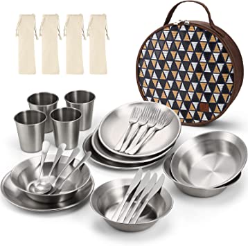 Odoland Stainless Steel Camping Dinnerware Set, Polished Cutlery Tableware Mess Kit Include Plate Bowl Cup Fork Spoon Knife with Carrying Bag for Backpacking Hiking Picnic