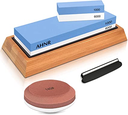 Knife Sharpening Stone Set, Puck - Axe Sharpener Tool, AHNR Multi-Purpose Knife Sharpener Kit Dual Side Grit 1000/6000, Whetstone Blade & Tool Sharpener with NonSlip Bamboo Base & Angle Guide