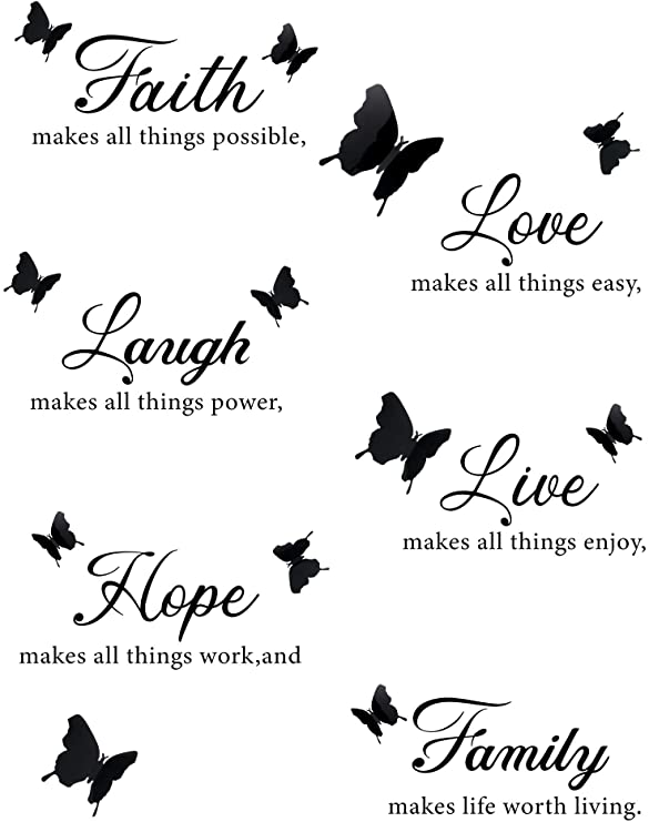 6 Pieces Faith Hope Love Laugh Family Live Wall Decal Stickers Motivational Wall Decal Stickers with 12 Pieces 3D Butterfly Decals Inspirational Quotes Stickers Set for Home Office Decorations