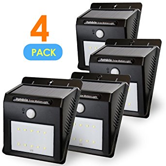 PathBrite Solar Motion Sensor Light. 10 LED High Output Light, All Weather, 2 Night Lighting Mode. Wide Range Movement Detect, Free Mounting Tape. Perfect for External Door, Desk, Yard (pack of 4)