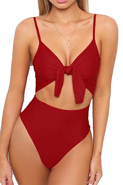 LEISUP Womens Spaghetti Strap Tie Knot Front Cutout High Waist One Piece Swimsuit