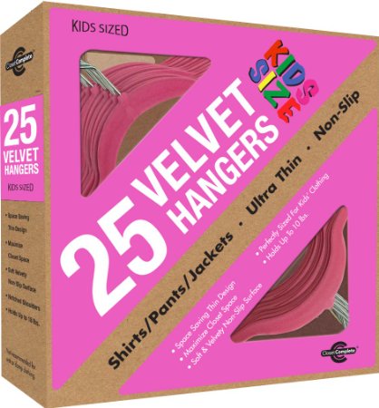 Closet Complete Kid Size Ultra Thin No Slip Velvet Hangers, Pink, Set of 25