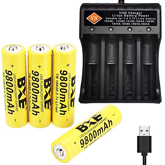 4Pcs 18650 lithium 9800mah Rechargeable Batteries (4-PACK) 3.7V Button Top for Led Flashlight Headlamp With Universal Charger