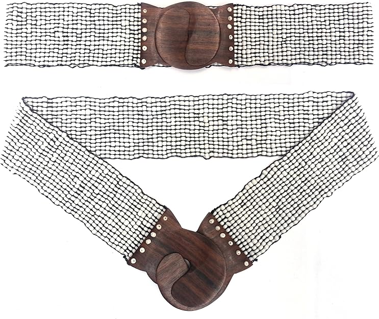 Plain White Hand-Made Elastic Beaded Bali Belt for Women with Wooden Hook Buckle 2-1/4” Wide for 29-36 Waists with 2-3mm Glass Beads in Gift Box