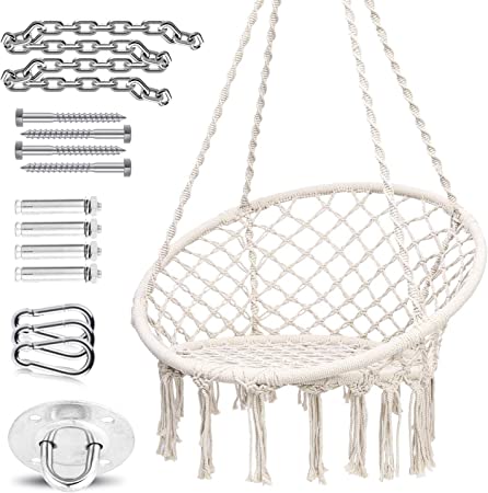 Hammock Chair with Hardware Kit, Ohuhu Macrame Hanging Chair Swing for Bedroom with Heavy Duty Hanging Kit for Ceiling, Cotton Rope Chairs for Indoor Outdoor, Idea Birthday Gifts for Girls Lover