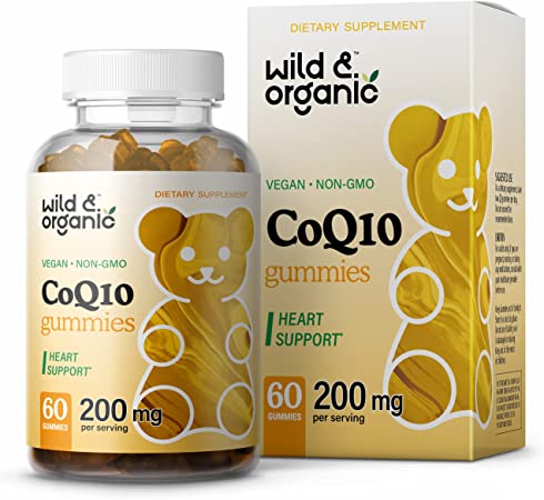 Wild & Organic CoQ10 Gummies 200 mg - Natural Coenzyme Q10 Nutritional Supplement - Antioxidant Support, Helps Promote Brain & Heart Wellness, Boost Energy Levels - 60 Banana-Flavored Chewable Bears