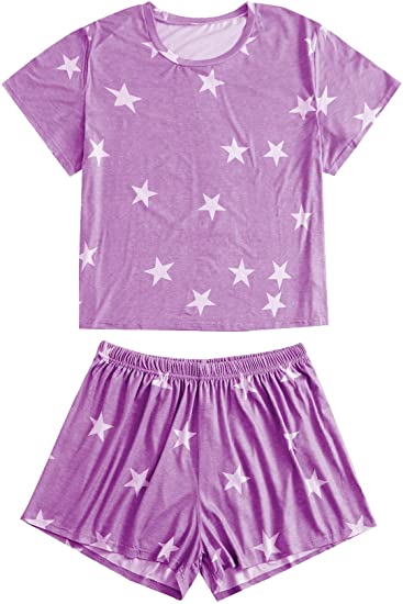 Romwe Women's Plus Size 2 Piece Pajama Set Star Print Short Sleeve Shorts Pj Set Sleepwear