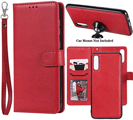 Ranyi Galaxy A50 Case, Detachable Wallet Case [Magnetic Hard Cover Fit Car Mount] Credit Card Holder Slots 2 in 1 Leather Flip Folio Wallet Strap Case for Samsung Galaxy A50 (2019), red