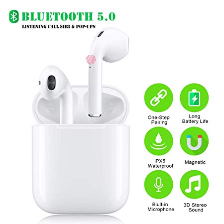 Bluetooth 5.0 Wireless Earbuds, Noise Canceling 3D Stereo IPX5 Waterproof Sports Headset【15 Min Fast Charging】, Pop-ups Auto Pairing, Built-in binaural Mic for Apple Airpods Android/iPhone
