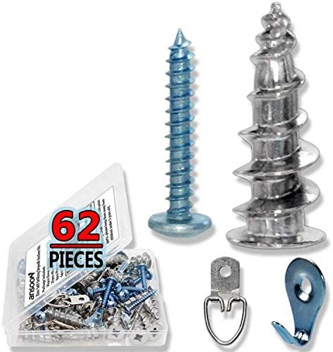 Ansoon Zinc Self-Drilling Drywall Hollow-Wall Anchor with Screws Kit, All 62 Pieces (Includes 25 Anchors with 25 Screws,6 pcs picture hangers and 6 pcs Wall Anchor Hooks)