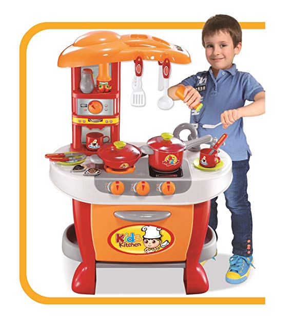 Vinsani Children Kids Red & Orange Light & Sound Kitchen Food Cooking Little Chef Pretend Role Play Set