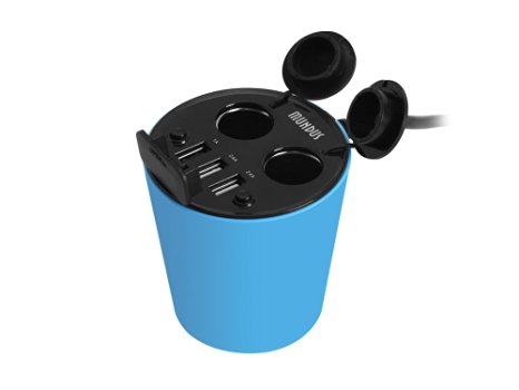 MUNDUS CM100 Cup Holder Car Charger 2-Socket Cigarette Lighter Power Adapter DC Outlet Splitter & 2.4A Three Triple USB Ports - [Input: DC 12-24V/10A MAX, Output: 120W MAX] [Blue]