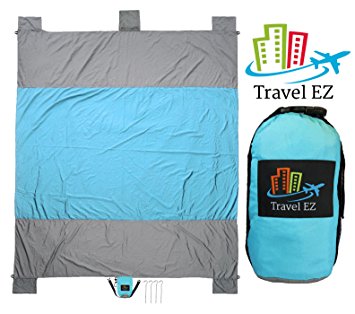 Huge Family Beach Blanket / Picnic Blanket by Travel EZ - 9 Feet X 7 Feet - 4 Anchor Loops and Stakes   4 Sand Anchors - Parachute Nylon - Zipper Pocket for Valuables