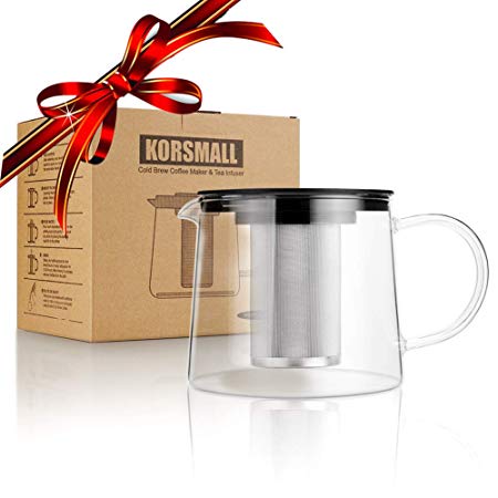 KORSMALL Cold Brew Coffee Maker with Handle-50oz Thick Borosilicate Glass Carafe with Removable 18/8 Stainless Steel Filter for Iced or Hot Coffe & Tea Infusion, 1.5L / 50oz