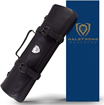 Dalstrong - Vagabond Knife Roll Full & Top Grain Brazilian Leather Roll Bag - 16 Slots - Interior and Rear Zippered Pockets - Blade Travel Storage/Case (Midnight Black) - Large - Up to 20" Knives