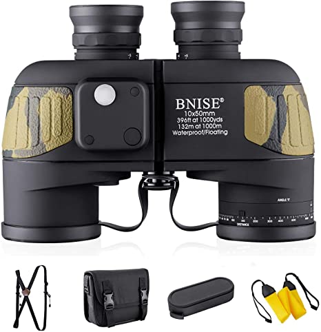 BNISE 10x50 Marine Binoculars for Adults, Waterproof Fogproof BAK4 Prism FMC Lens Binoculars with Illuminated Compass and Range Finder for Bird Watching, Hunting, Navigation, Boating, Fishing