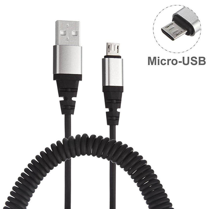 InfoTechnica - Premium 2 Meters Spring Coiled Micro-USB Charging Cable. USB 2.0 to Micro-USB Spiral Coiled USB Cable with connector heads in aluminium shell for increased durability (Charging only)