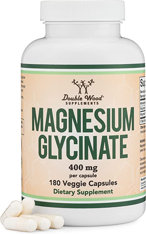 Magnesium Glycinate 400mg, 180 Capsules (Vegan Safe, Manufactured and Third Party Tested in The USA, Gluten Free, Non-GMO) High Absorption Magnesium for Sleep by Double Wood Supplements