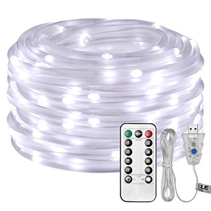 LE 33ft 100 LED Dimmable Rope Lights, USB Powered Waterproof Rope Lighting, 8 Lighting Modes/Timer, Outdoor Ambiance Lighting Ideal for Patio Gardens Parties Wedding Holiday Decor (Daylight White)